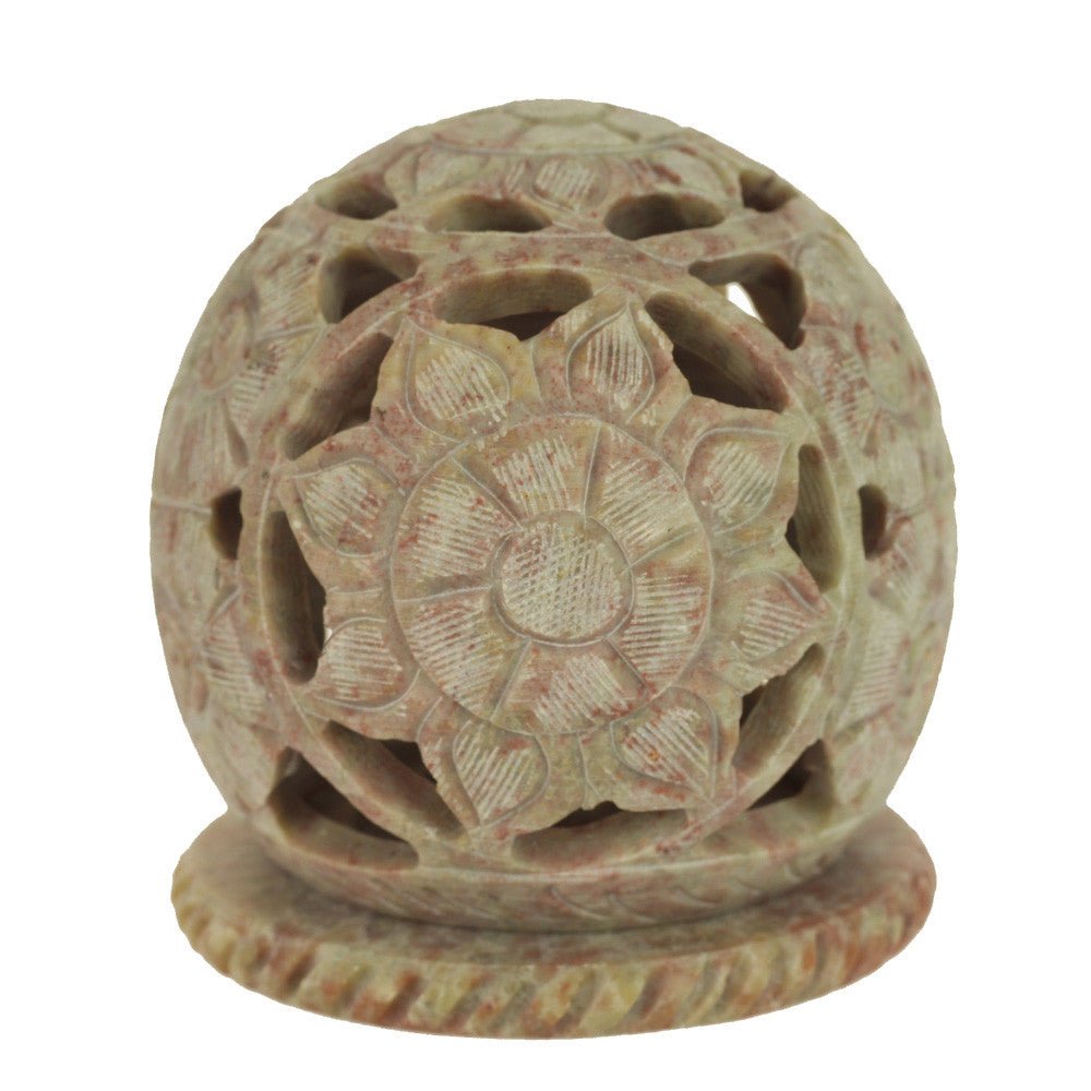 Burner for Cones and Candle Holder - Soapstone Carved Tea-Light Ball - Flowers 3 inches - Tree Spirit Wellness
