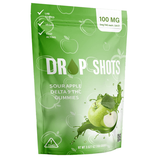 DROP SHOTS Fast Acting Gummies - 100mg Sour Apple (5mg/gummy 20ct.) - Tree Spirit Wellness