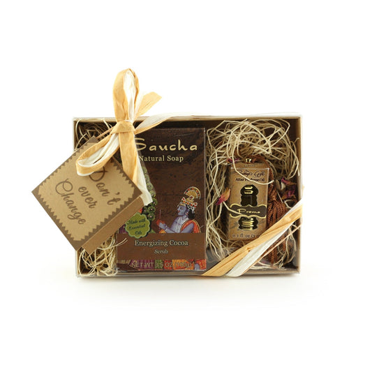 Gift Set - Saucha Bar Soap 'Energizing Cocoa' and Attar Oil 'Prema' - with Greeting 'Don't ever change' - Tree Spirit Wellness