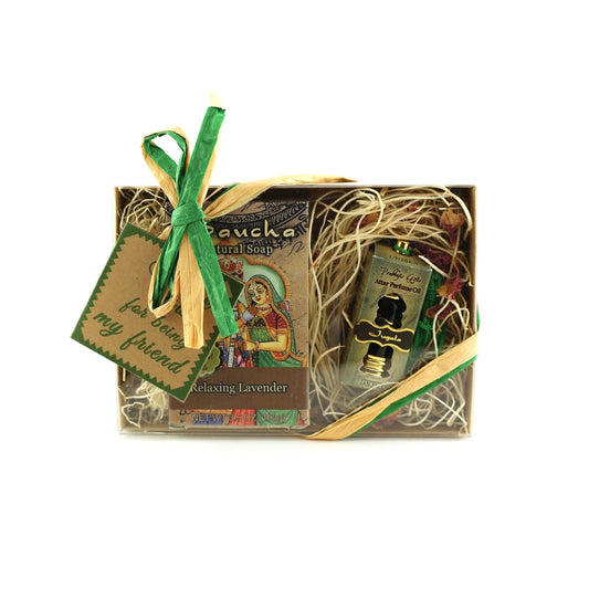 Gift Set - Saucha Bar Soap 'Relaxing Lavender' and Attar Oil 'Jugala' - with Greeting 'Thank you for being my friend' - Tree Spirit Wellness