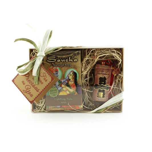 Gift Set - Saucha Bar Soap 'Uplifting Tulsi' and Attar Oil 'Padma' - with Greeting 'For someone as precious as you' - Tree Spirit Wellness