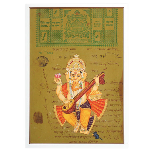 Greeting Card - Rajasthani Miniature Painting - Ganesh Playing Veena - 5"x7" - Tree Spirit Wellness