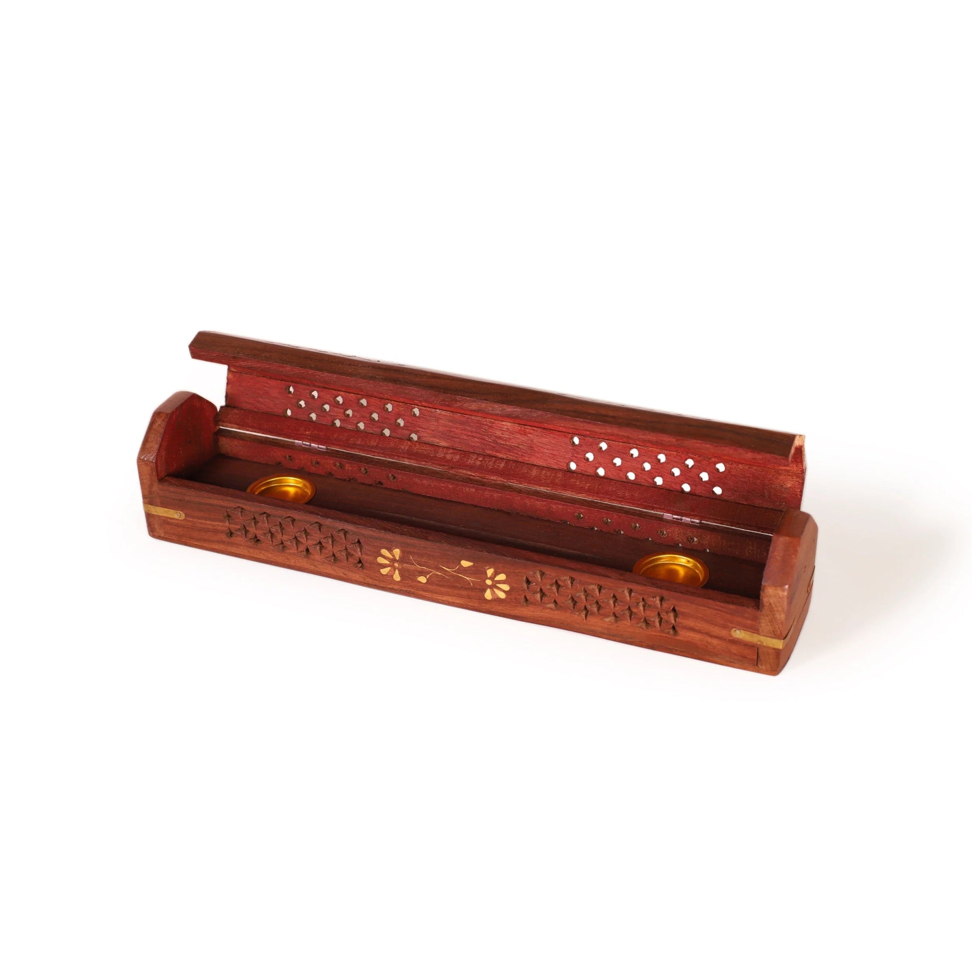 Incense Burner - Wooden Box with Storage - 5 Panel Jali & Flowers - Tree Spirit Wellness