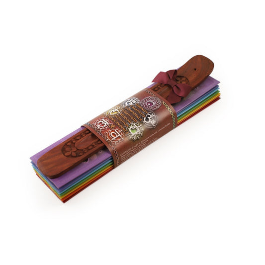 Incense Gift Set - Flat Burner + 7 Chakras Incense Stick in Brown Greeting Sleeve - Tree Spirit Wellness