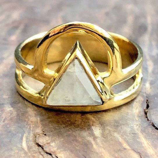 Moonstone Rising Triangle Ring - Brass - Tree Spirit Wellness