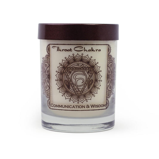 Soy Candle for Chakra Meditation Scented with Essential Oils | Throat Chakra Vishuddha | Woods & Amber | Communication and Wisdom - 10.5oz - Tree Spirit Wellness